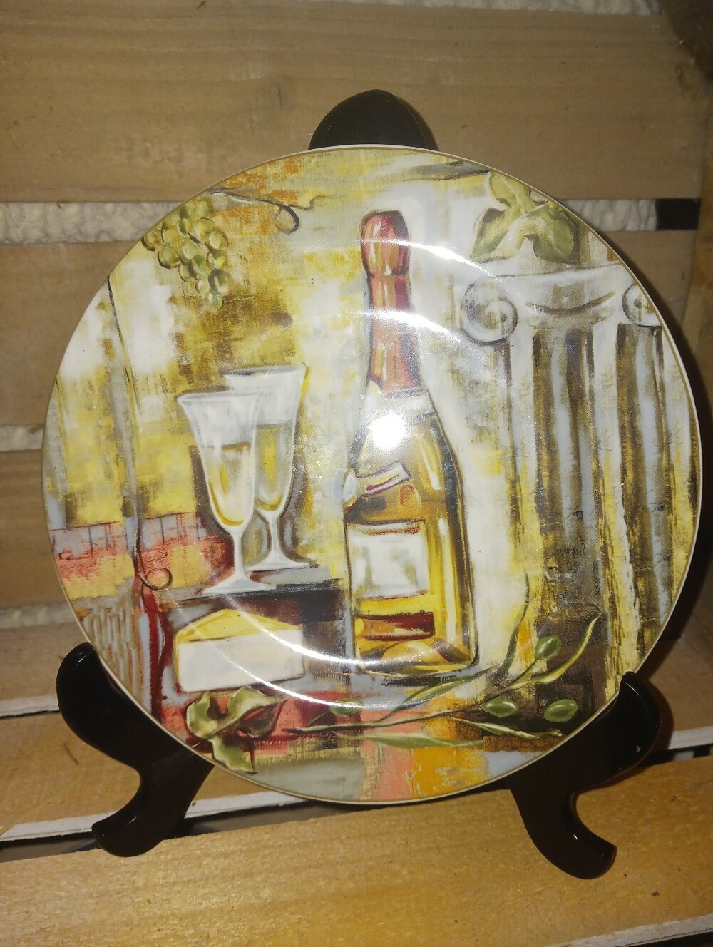 Decorative Wine Bottle & Glass Ceramic Accent Plate - Yellow